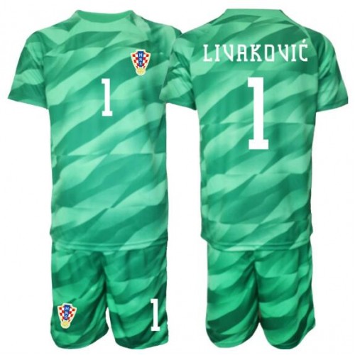 Stroje piłkarskie Chorwacja Dominik Livakovic #1 Bramkarskie Koszulka Wyjazdowej dla dzieci MŚ 2026 Krótki Rękaw (+ szorty)